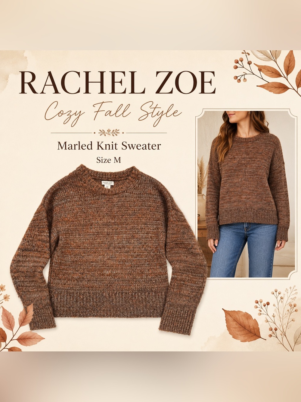 Rachel Zoe Marled Rust-Brown Crewneck Sweater